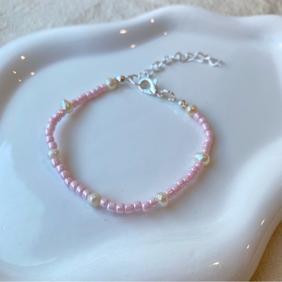 Jewelry - Pearl Beaded Bracelet with Pink Beads, Pink Beaded Bracelet, Music Festival